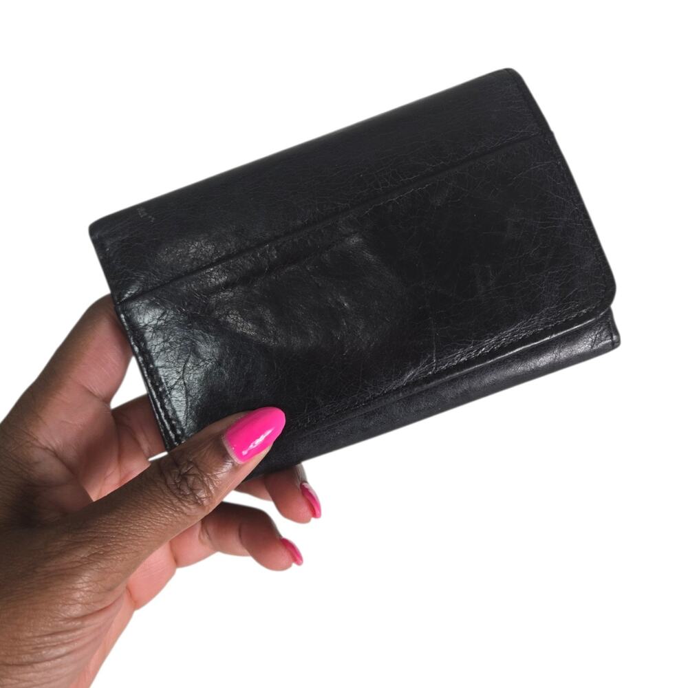 HOBO Original Jill Glazed Leather Wallet Black Trifold Floral Slots Snap Compact